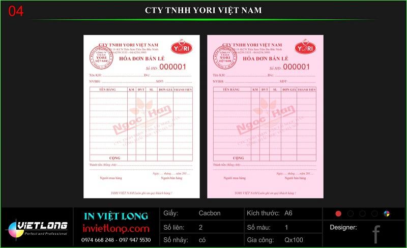 Hóa đơn bán lẻ CTY Yori Việt Nam