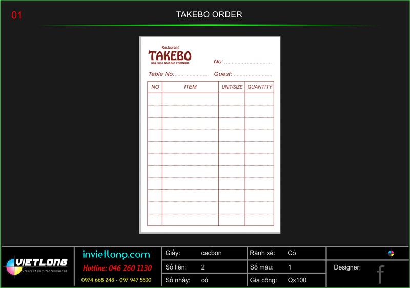 Mẫu phiếu Order TAKEBO Restaurant