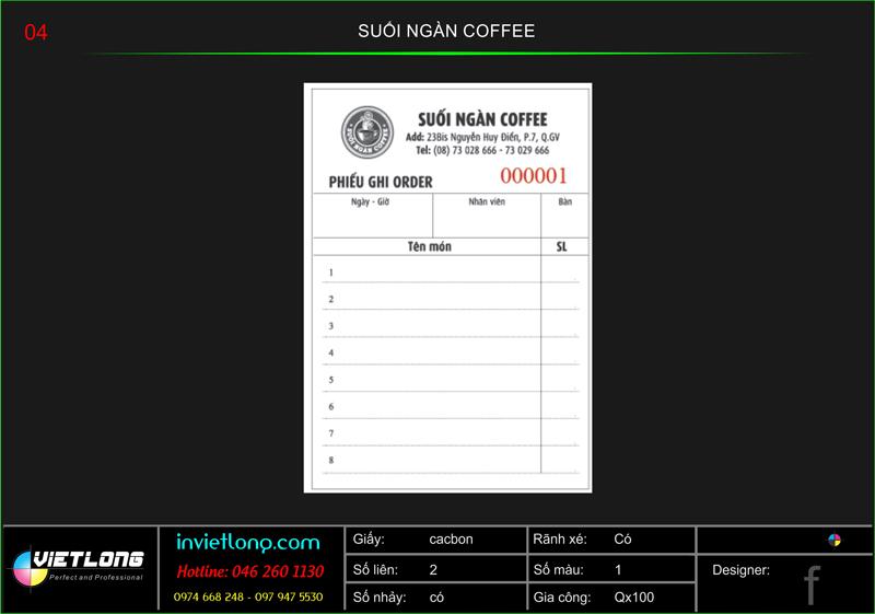 Mẫu phiếu Order Suối Ngàn Coffee