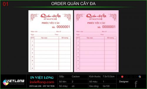 Đặt in Order cho nhà hàng, quán Cafe, quán bia, Karaoke, Bar