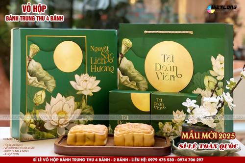 Vỏ Hộp Bánh Trung Thu 2025 loại 4 bánh màu xanh – Nguyệt Sắc Liên Hương