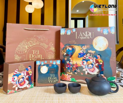 Sỉ lẻ mẫu vỏ hộp trung thu 4 bánh 2025 màu nâu - Lân Du Nguyệt Dạ