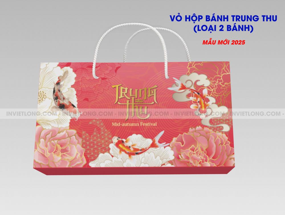 Mẫu hộp trung thu 2 bánh 2025 đỏ truyền thống