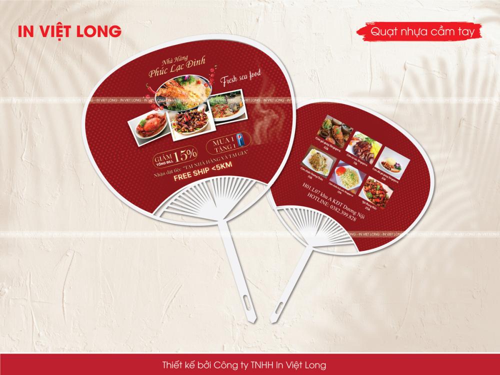 Mẫu quạt nhựa nan hoa quảng cáo khai trương nhà hàng