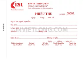 Mẫu phiếu thu TT Anh ngữ Moon