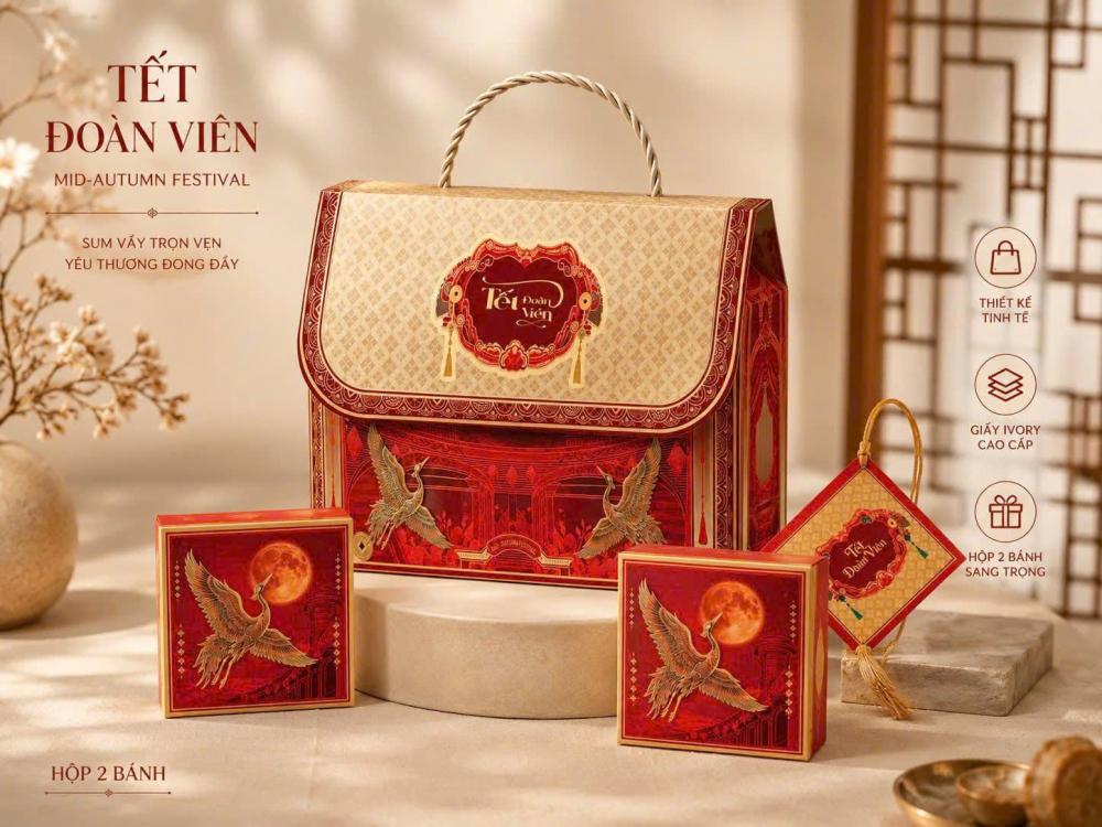 Mẫu hộp trung thu 2 bánh 2026 đỏ Dạ Nguyệt Hạc