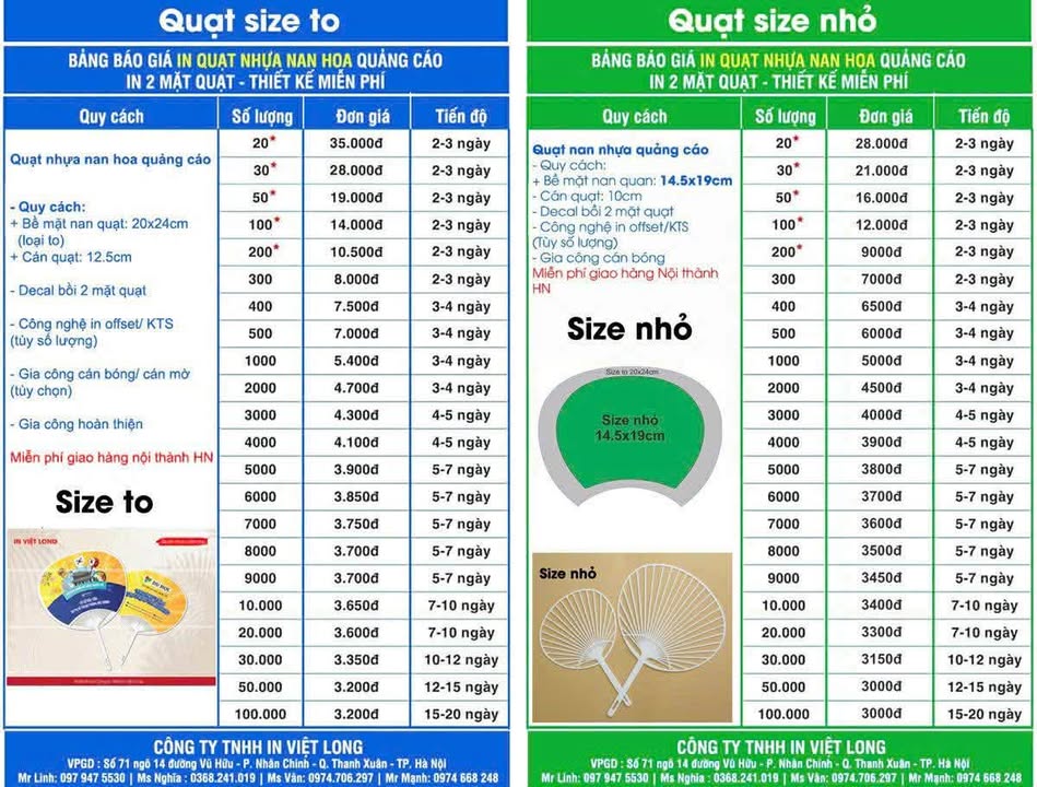 Bảng giá in quạt nhựa nan hoa quảng cáo