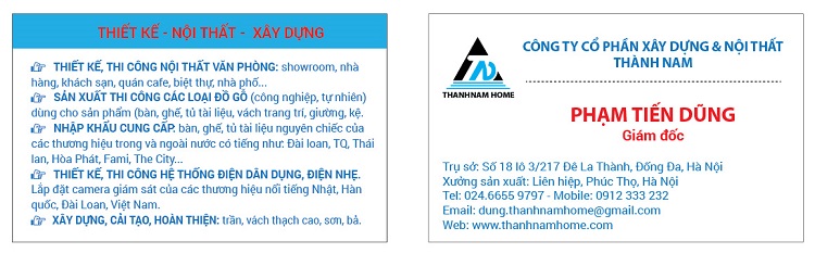 Namecard nội thất xây dựng Công ty Thành Nam