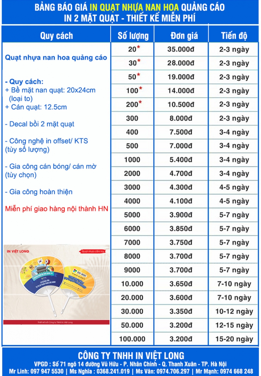 Bảng giá in quạt nhựa nan hoa quảng cáo