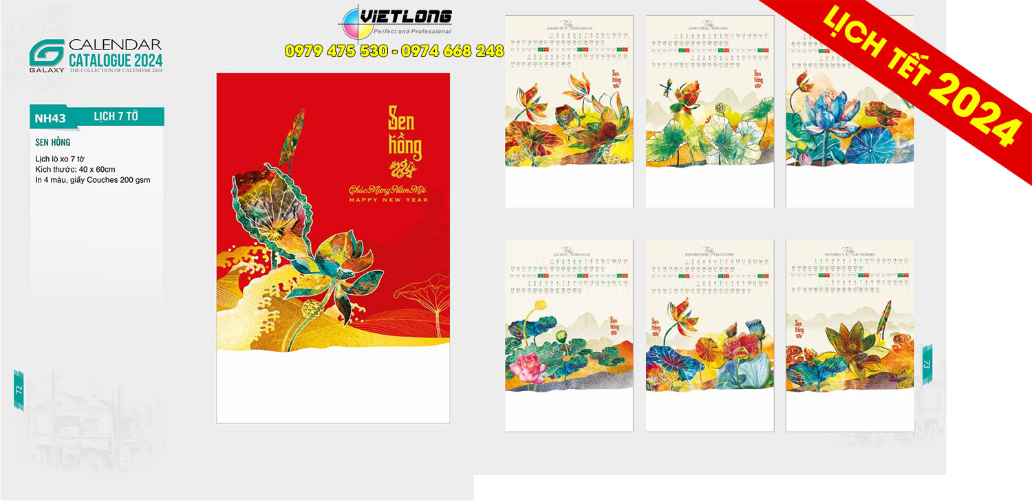 Lịch lò xò 7 tờ 2024 Sen Hồng