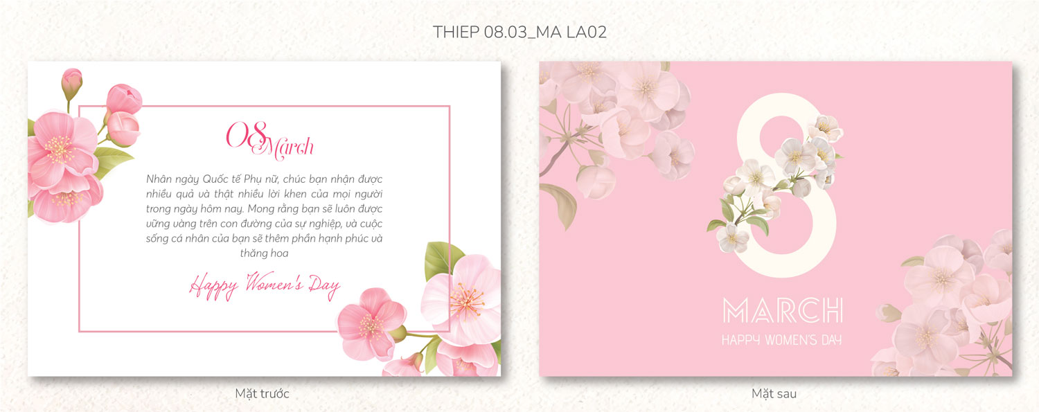 Thiệp 8/3 màu hồng nữ tính – Những hình ảnh cổ điển như hoa hồng, bướm sẽ mang lại cảm giác ấm áp, tươi trẻ