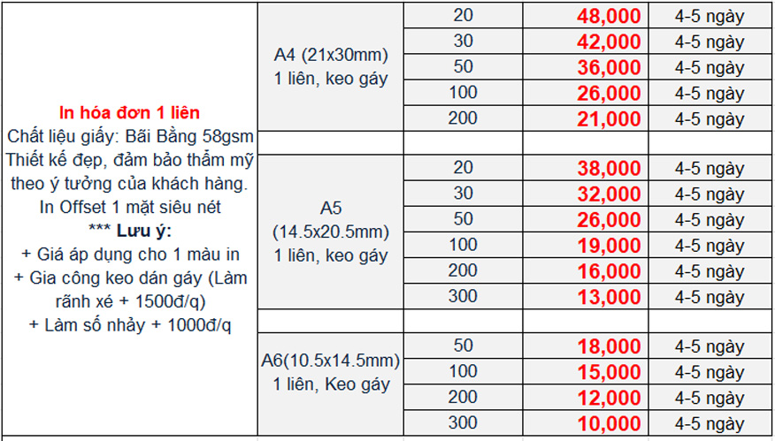 Báo giá hóa đơn 1 liên