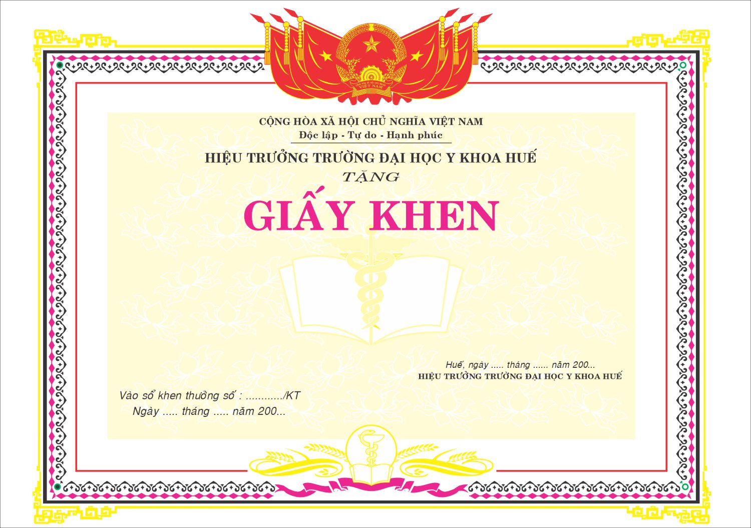 Mẫu giấy khen cho trường đại học