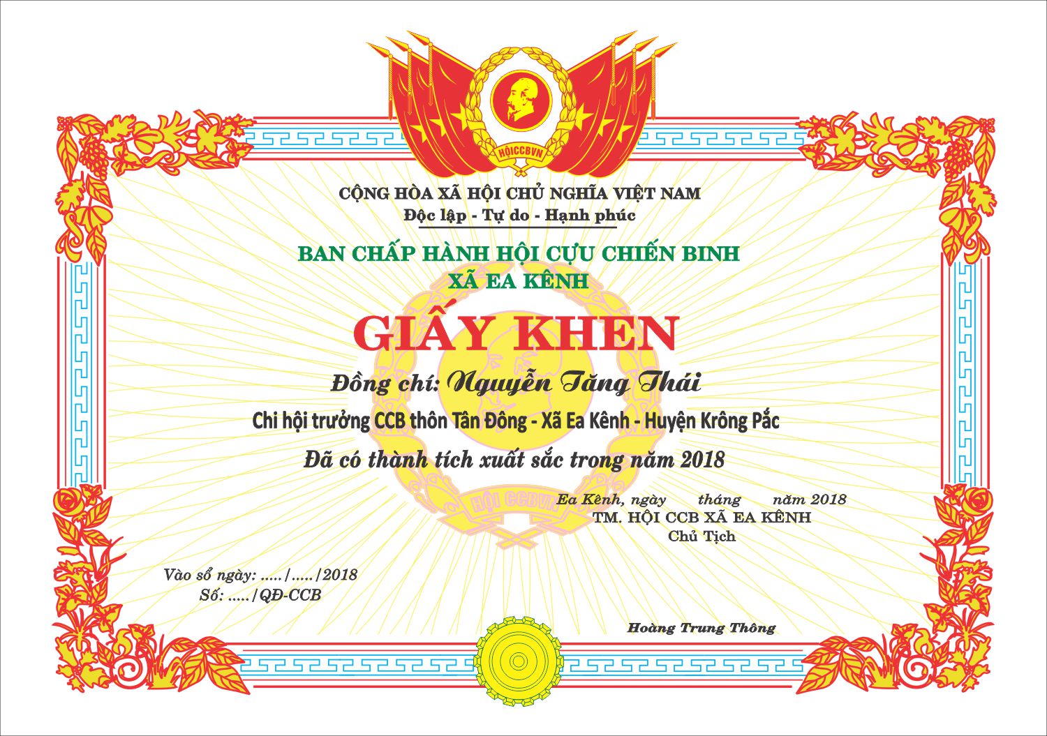 Mẫu giấy khen hội cựu chiến binh