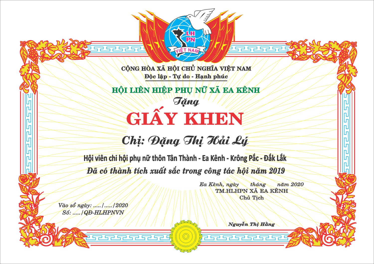 Mẫu giấy khen hội phụ nữ