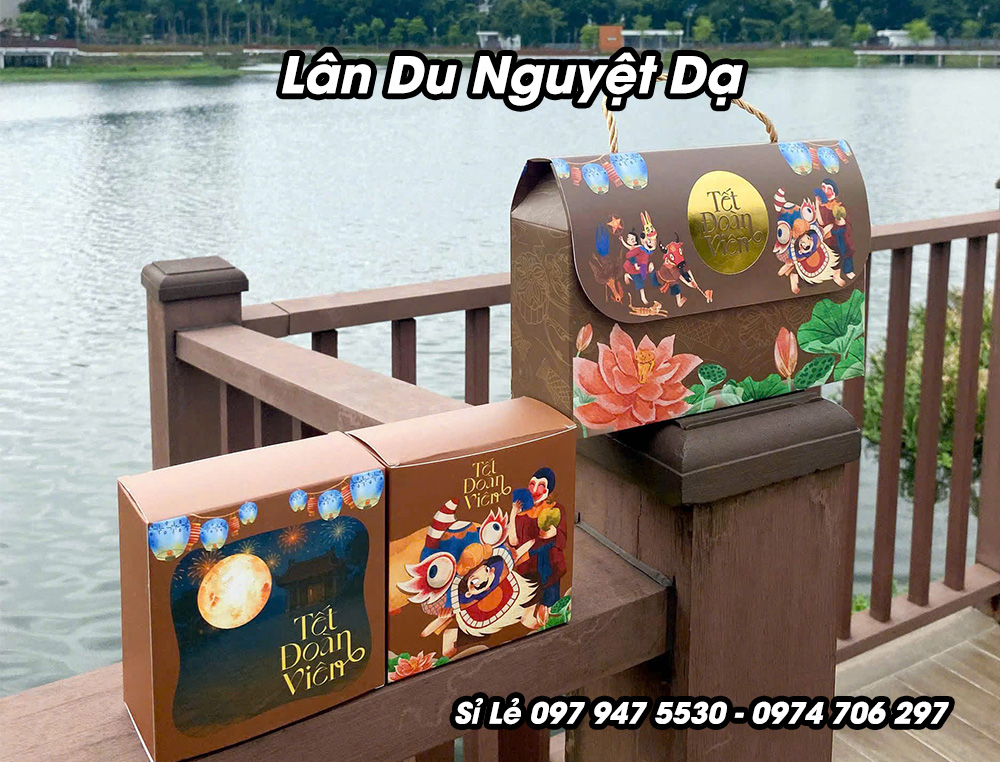 Mẫu vỏ bánh trung thu 2 bánh 2025 Lân Du Nguyệt Dạ