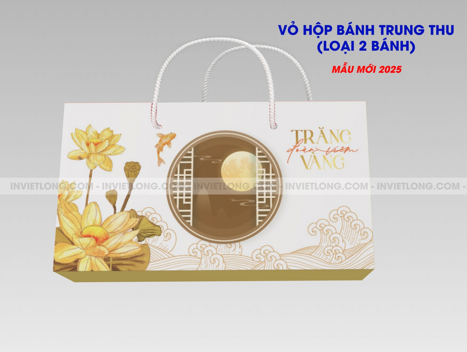 Mẫu vỏ hộp bánh trung thu 2025 loại 2 bánh chủ đề Trăng Vàng Đoàn Viên