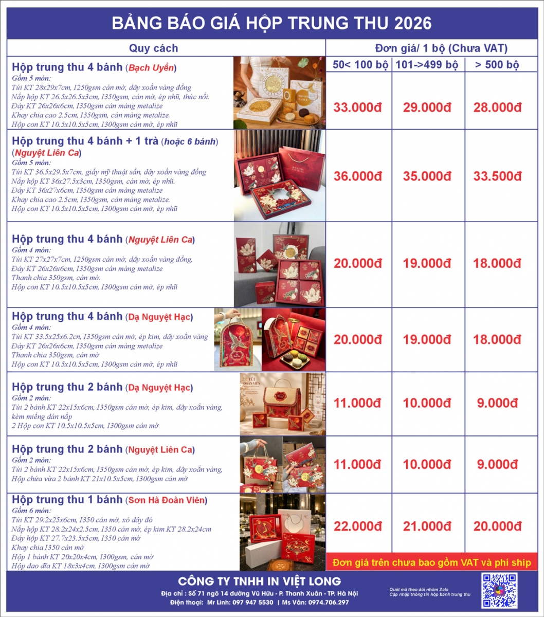 Bảng giá sỉ lẻ vỏ hộp bánh trung thu 2026