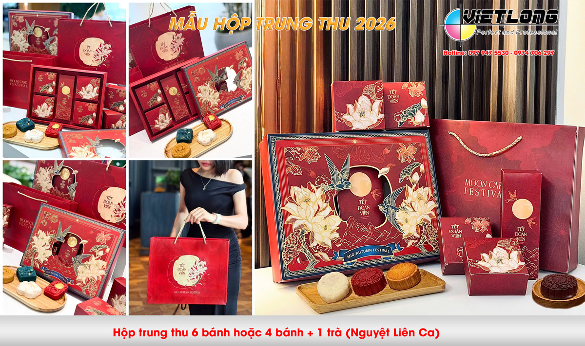 Mẫu vỏ hộp bánh trung thu 2026 loại 6 bánh hoặc 4 bánh + trà