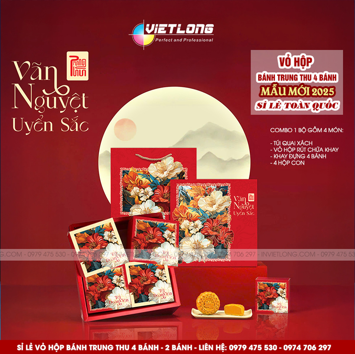Mẫu vỏ hộp trung thu 4 bánh 2025 màu đỏ