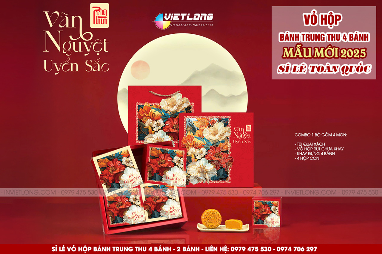 Mẫu vỏ hộp bánh trung thu 2025 màu đỏ Vãn Nguyệt Uyển Sắc