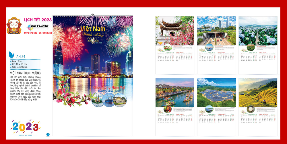 Mẫu lịch treo tường 2023 đẹp ấn tượng - Việt Nam thịnh vượng AH84