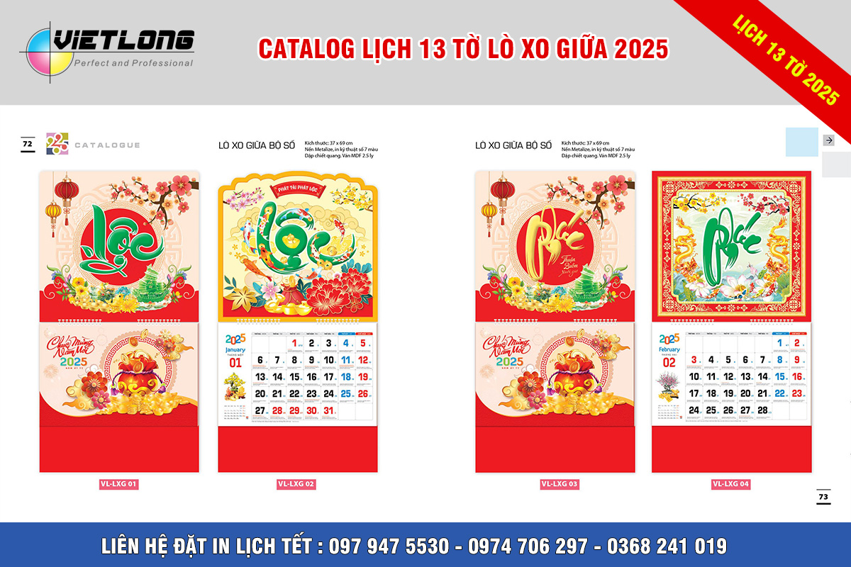 Công ty in Lịch Tết 2025 bìa treo gắn bộ số 13 tờ