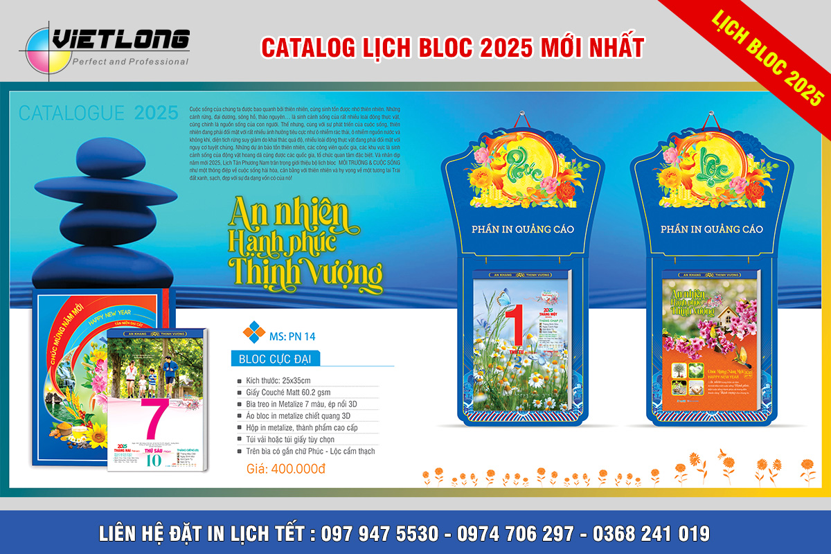 Catalog lịch Bloc 25x35cm 2025 An Nhiên Hạnh Phúc Thịnh Vượng
