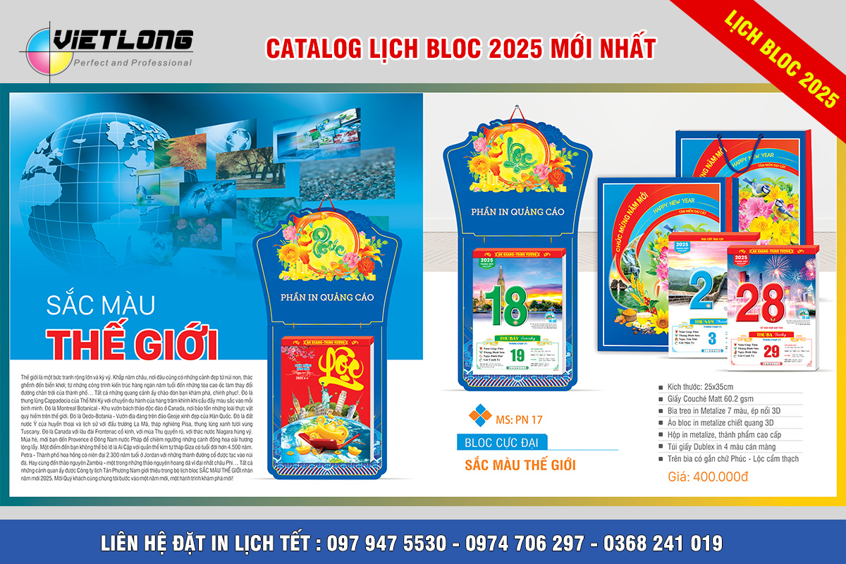 In lịch Bloc cực đại 2025 khổ bloc 25x35cm tại Hà Nội sắc màu thế giới