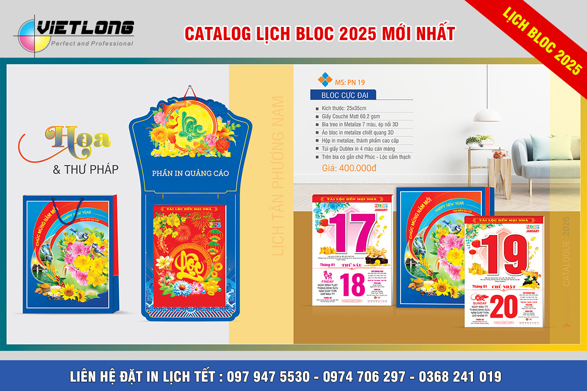 In lịch Bloc cực đại 2025 khổ bloc 25x35cm tại Hà Nội Hoa và thư pháp