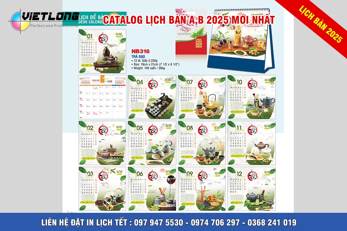 Mẫu lịch Tết 2025 để bàn A B trà đạo NB316