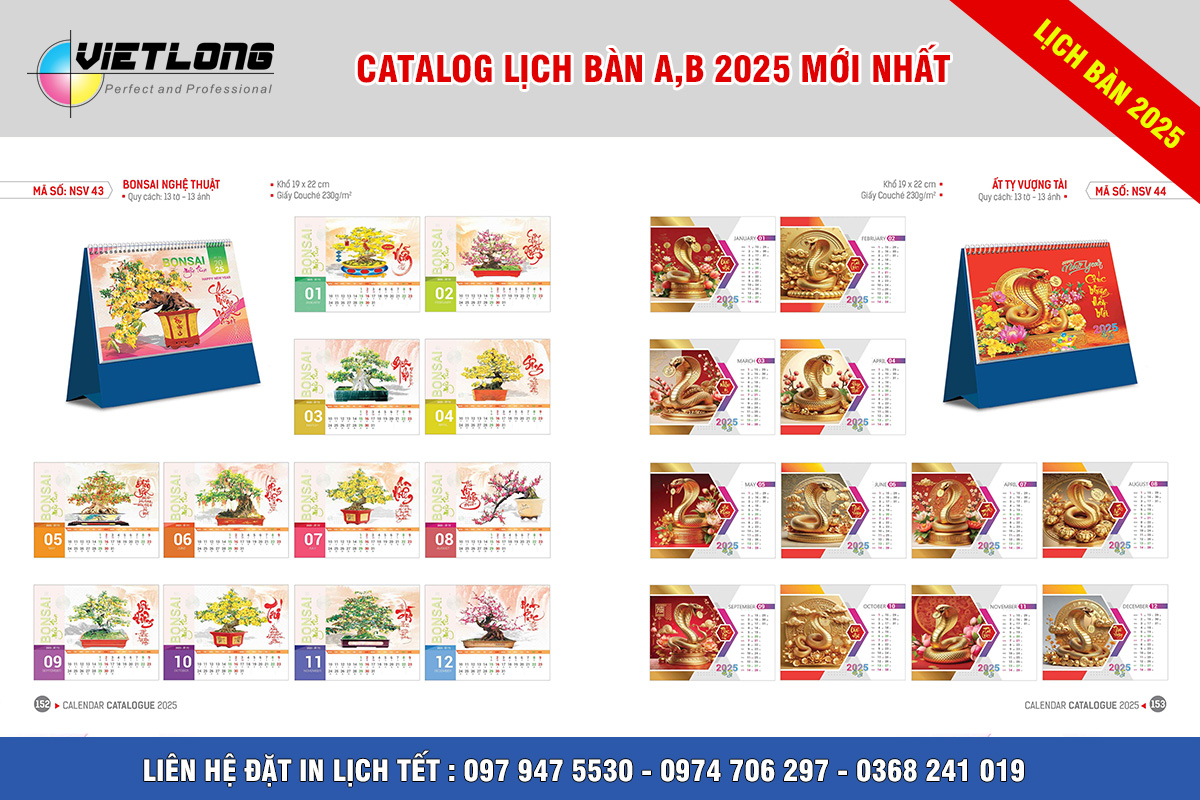 Mẫu lịch Tết 2025 để bàn A B bonsai nghệ thuật NSV43