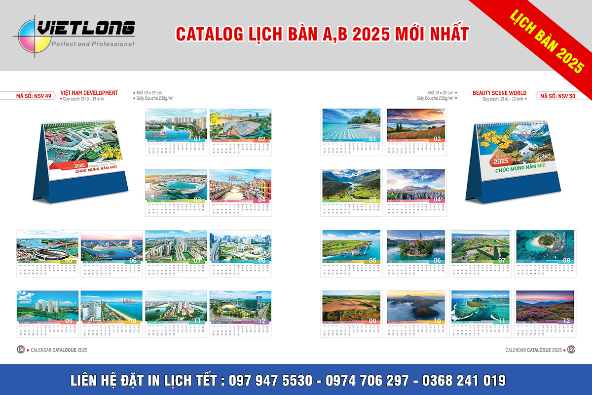 Mẫu lịch Tết 2025 để bàn A B cảnh đẹp việt nam NSV49
