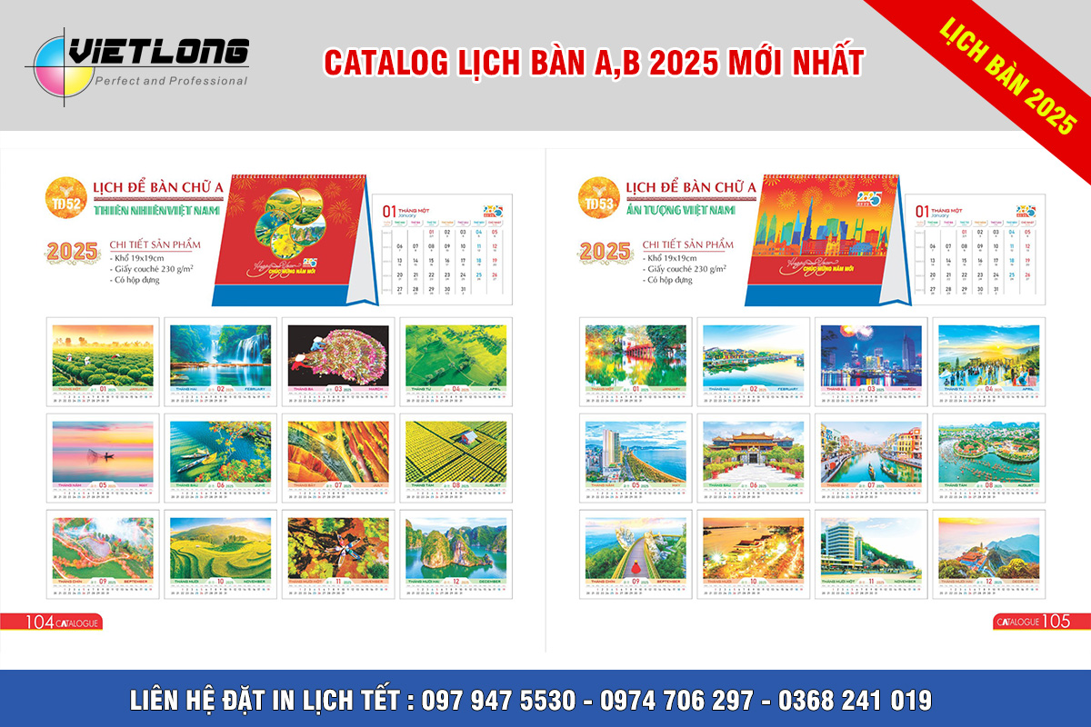 Mẫu lịch Tết 2025 để bàn A B thiên nhiên việt nam TD52