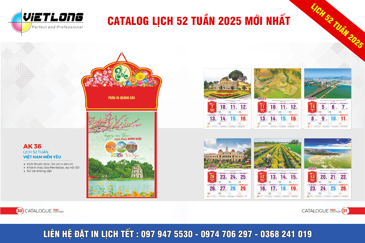 In lịch 52 tuần 2025 tại hà Nội mẫu AK36 Việt Nam mến yêu