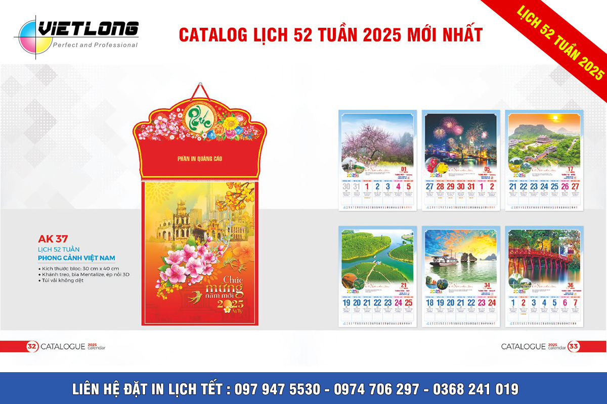 In lịch 52 tuần 2025 tại hà Nội mẫu AK37 phong cảnh việt nam
