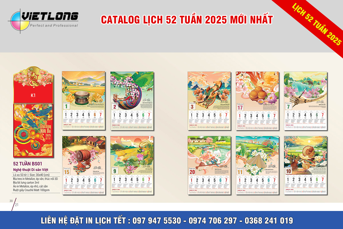 Mẫu lịch 52 tuần 2025 BS01 nghệ thuật di sản việt