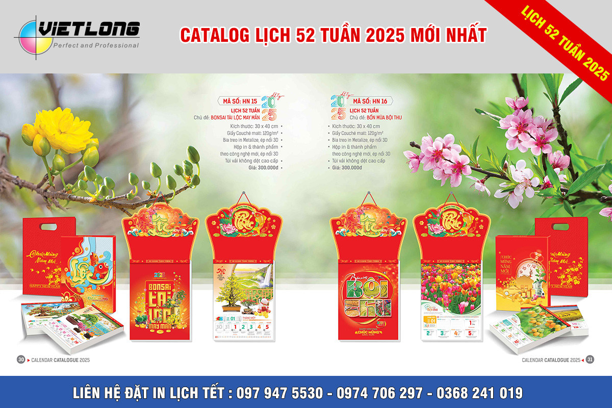 In lịch 52 tuần 2025 tại hà Nội mẫu HN15 Bonsai tài lộc may mắn