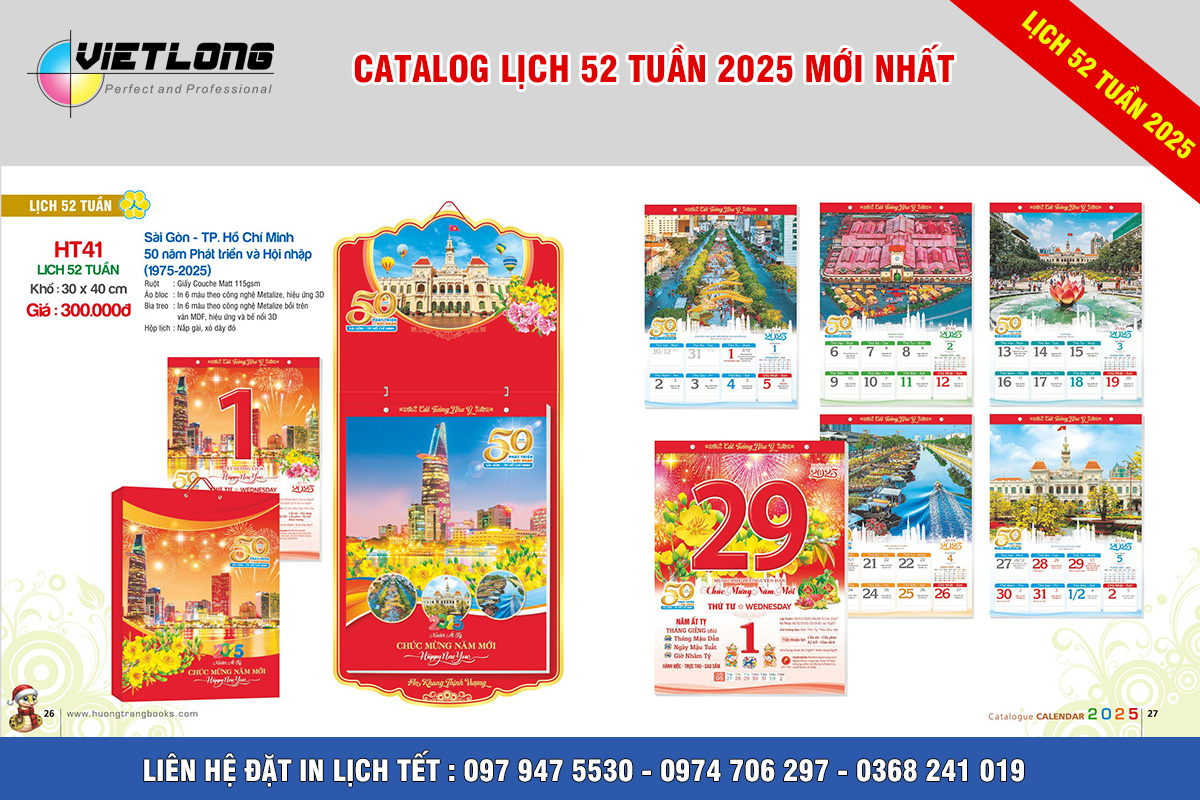 In lịch 52 tuần 2025 tại hà Nội mẫu HT41 Sài Gòn TP Hồ Chí Minh 50 năm phát triển