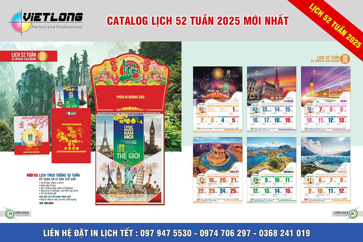 In lịch 52 tuần 2025 tại hà Nội mẫu NB15 kì quan di sản