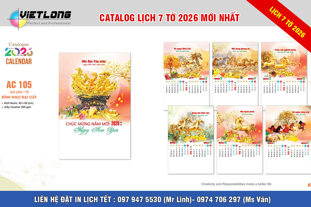 Lịch treo tường 7 tờ 2026 linh vật ngựa vàng