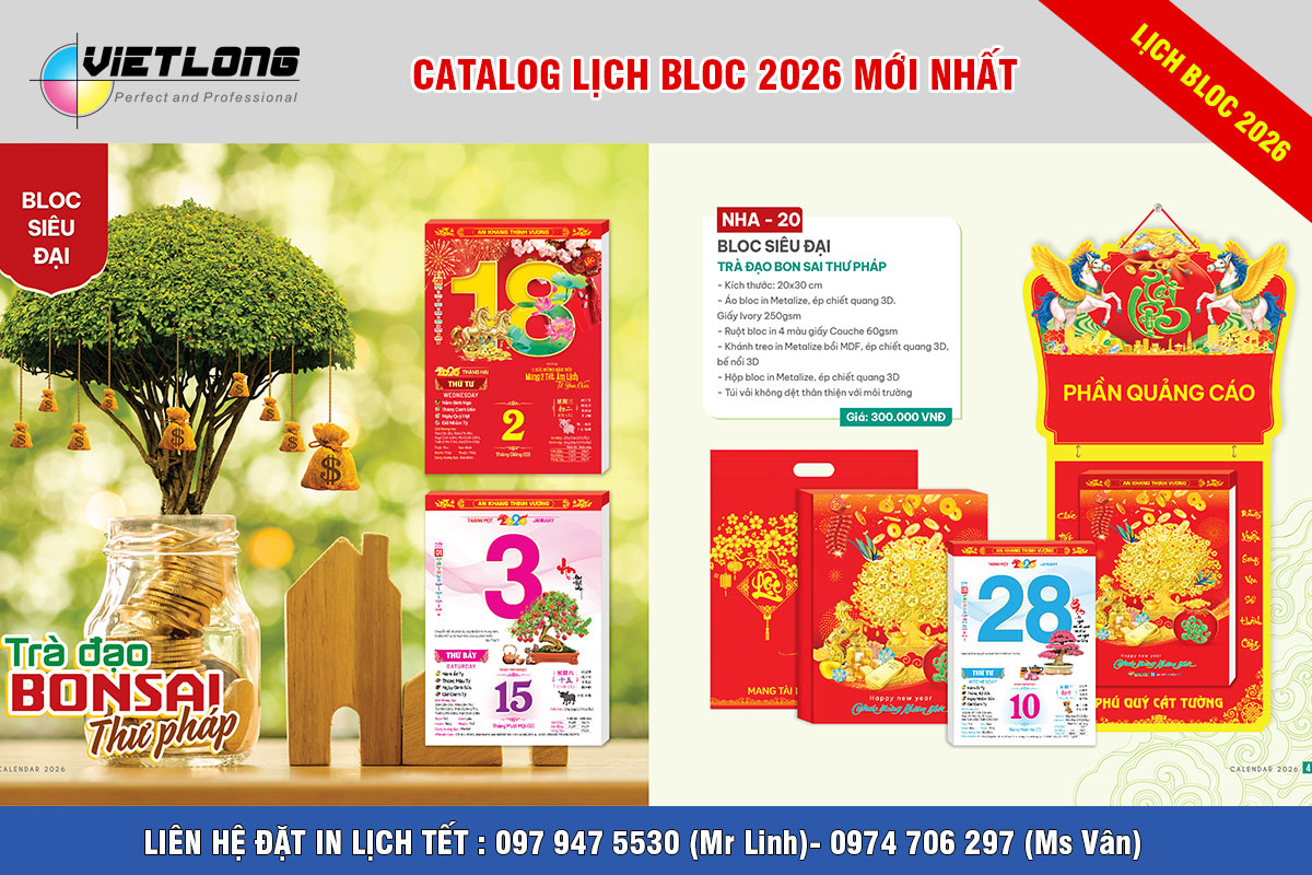 Công ty in lịch Bloc 20x30cm 2026 trà đạo phong thủy