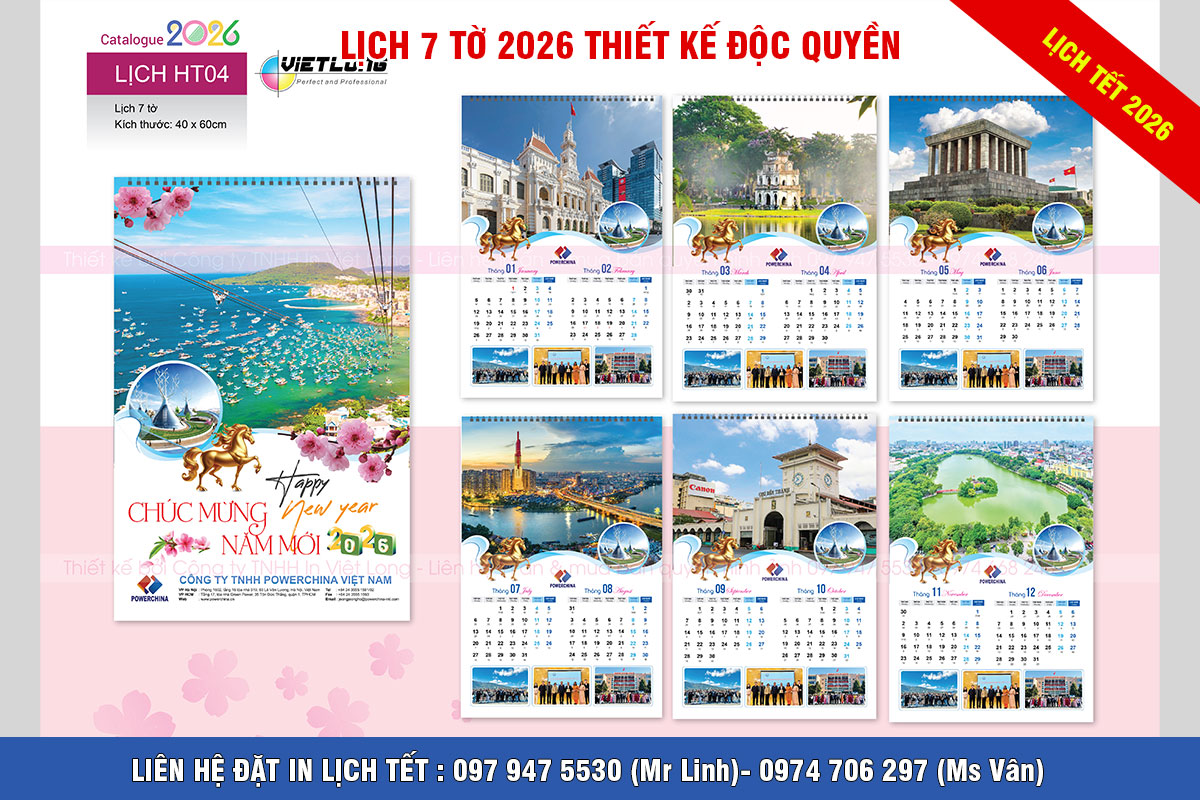 Mẫu lịch tết 7 tờ thiết kế 2026 cho công ty du lịch, du học xuất khẩu lao động