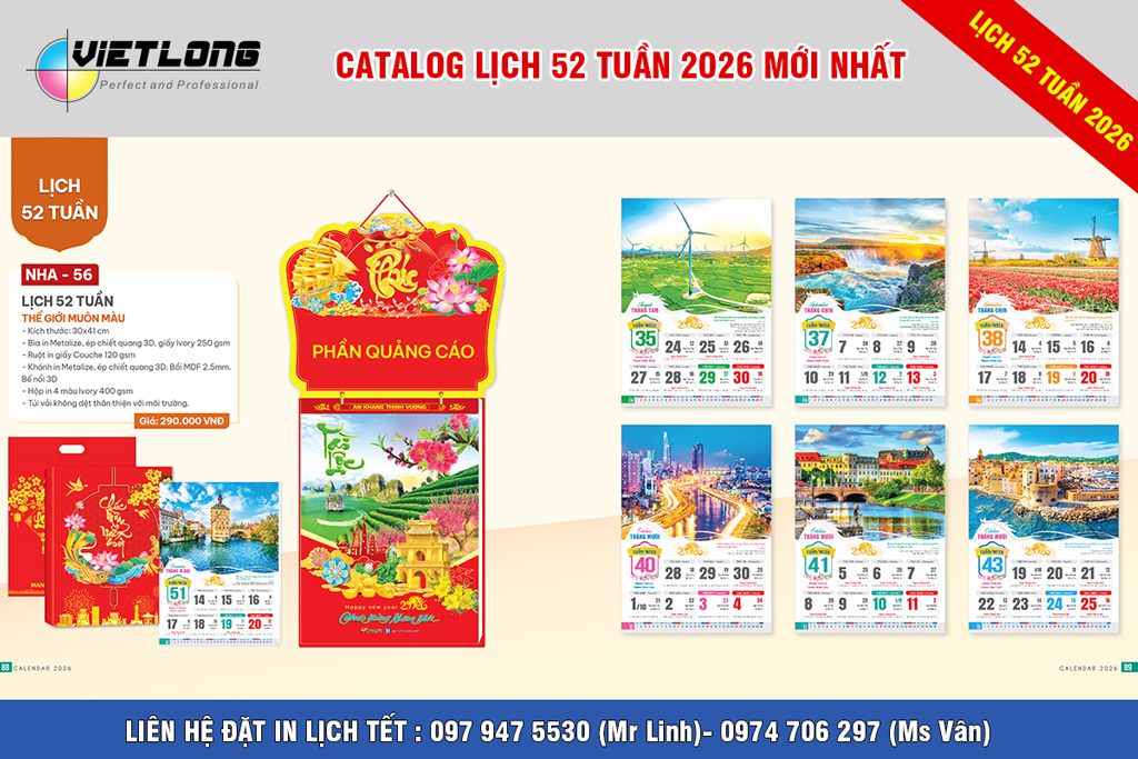 In lịch tết 52 tuần bìa treo quảng cáo