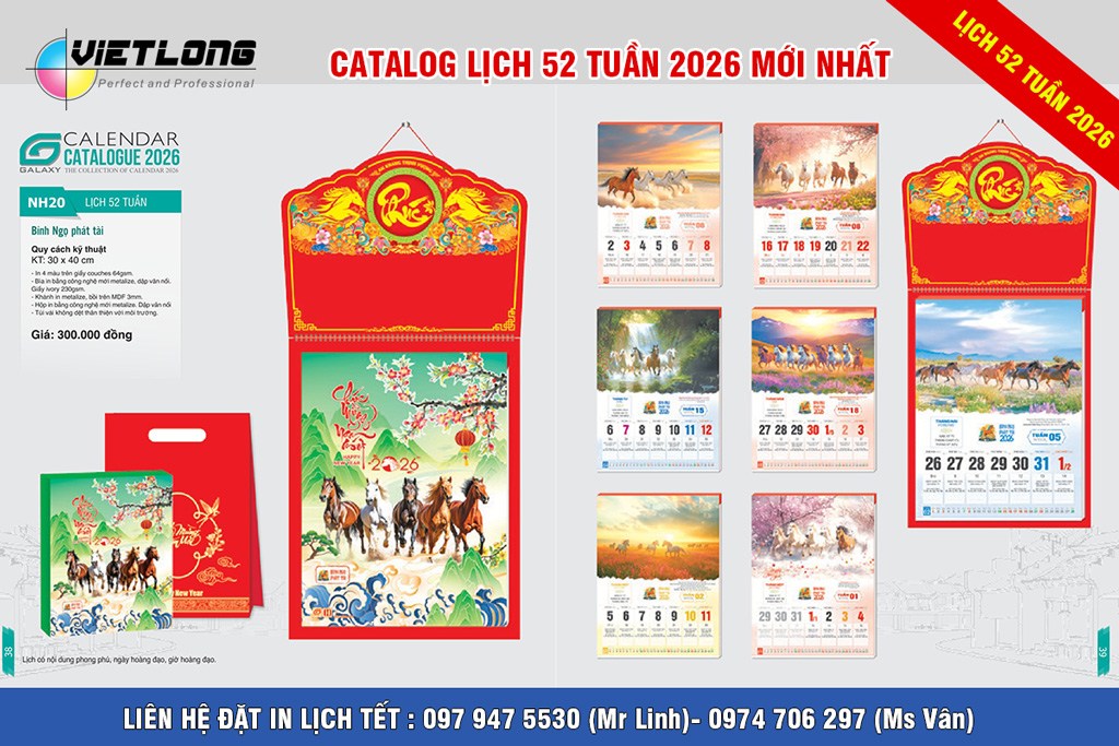 Mẫu lịch Tết 2026 năm con ngựa loại 52 tuần
