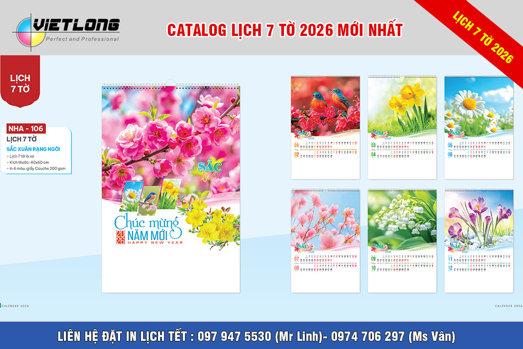 Mẫu lịch 7 tờ 2026 chủ đề hoa