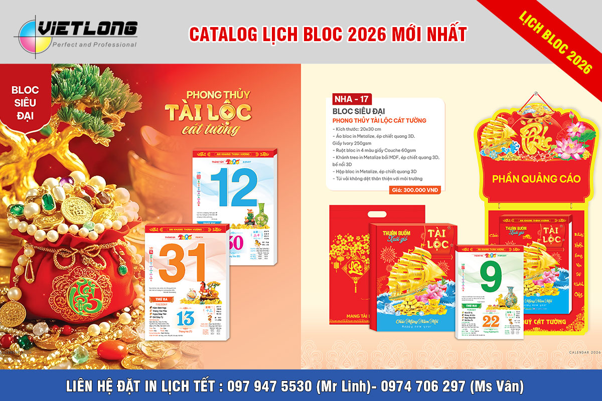 In lịch tết Bloc 20x30cm phong thủy tài lộc