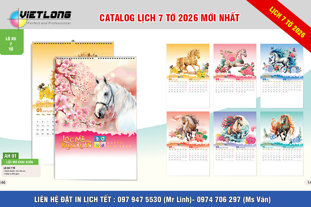 Mẫu lịch 7 tờ 2026 in hình con ngựa