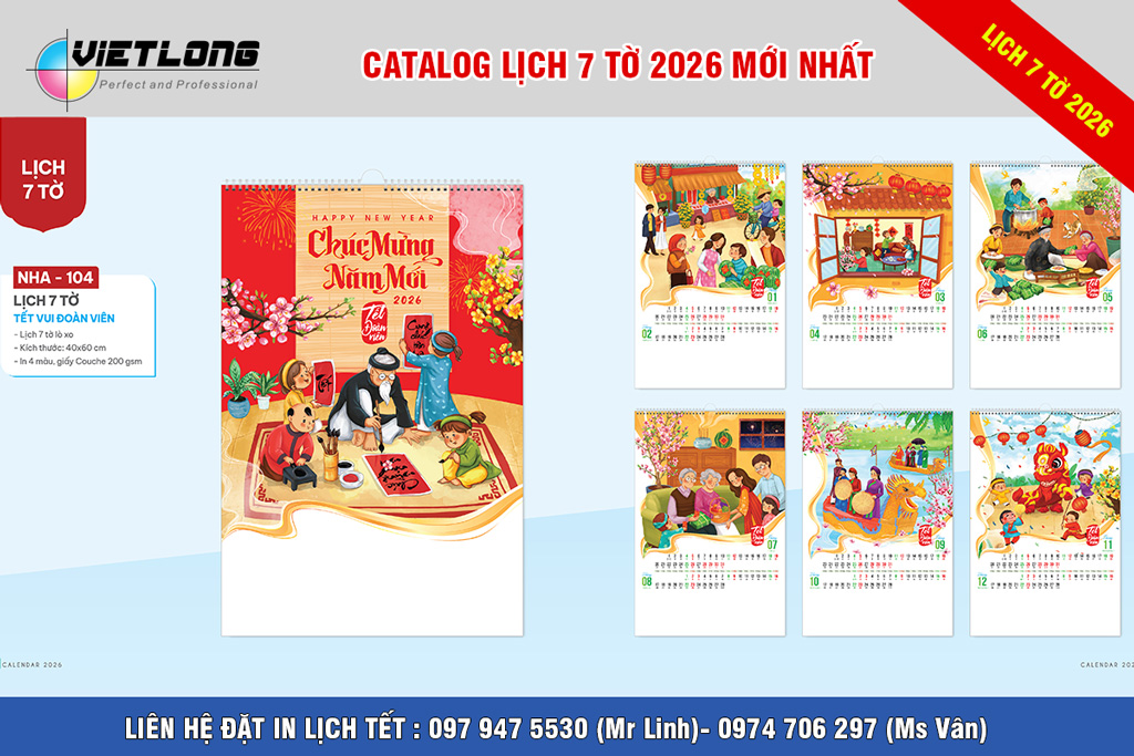 Mẫu lịch 7 tờ 2026 Tết đoàn viên