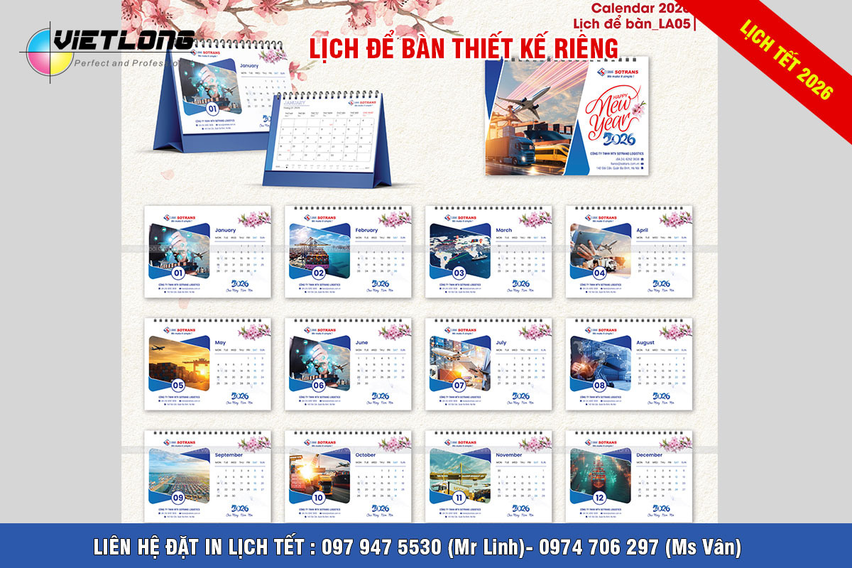 Mẫu lịch bàn đẹp 2026 cho lĩnh vực logistics vận chuyển hàng hóa